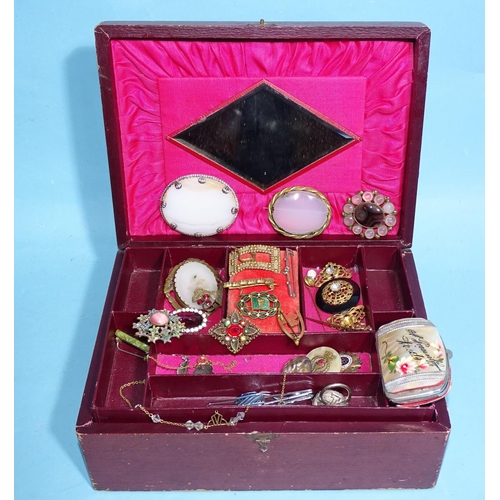 672 - A Georgian shoe buckle, various hardstone brooches and other jewellery, badges, etc, in a work box.... 