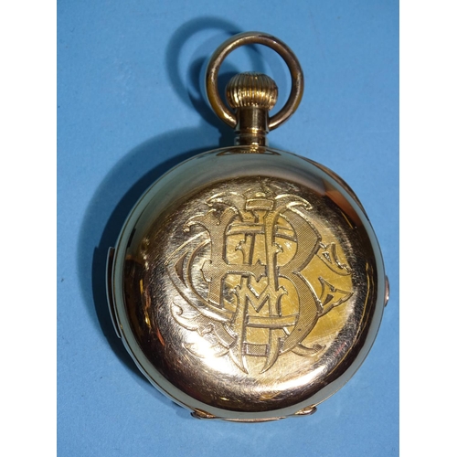 686 - An 18ct gold hunter-cased repeater chronograph pocket watch, the white enamel dial with Roman numera... 