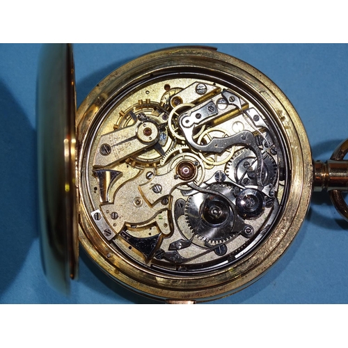 686 - An 18ct gold hunter-cased repeater chronograph pocket watch, the white enamel dial with Roman numera... 