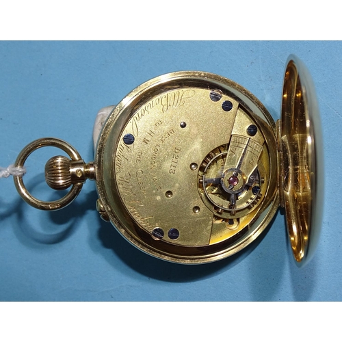 696 - J W Benson, an 18ct gold hunter-cased keyless pocket watch, the white enamel dial with Roman numeral... 