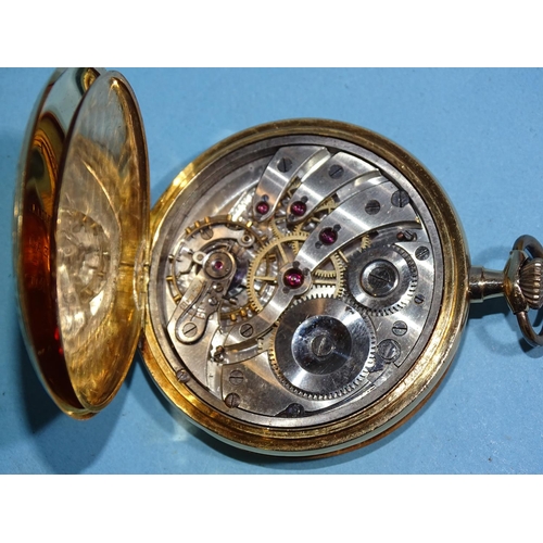 721 - Rueff Freres, an 18ct gold hunter-cased pocket watch, the white enamel dial with Roman numerals, blu... 