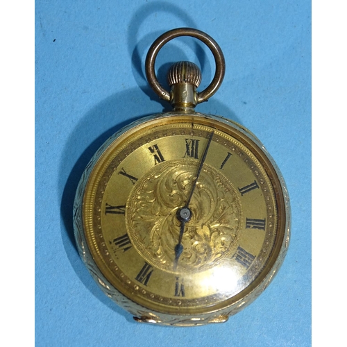 716 - A lady's Continental 18k-gold-cased open-face keyless pocket watch, the engraved gilt face with Roma... 