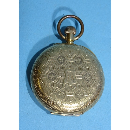 716 - A lady's Continental 18k-gold-cased open-face keyless pocket watch, the engraved gilt face with Roma... 