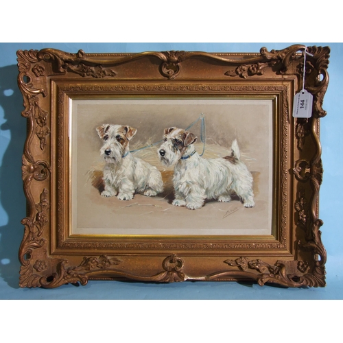 144 - Mabel Gear (1898-1987) TWO SEALYHAM TERRIERS TETHERED IN A BARN Signed oil on board, 29 x 38cm.... 