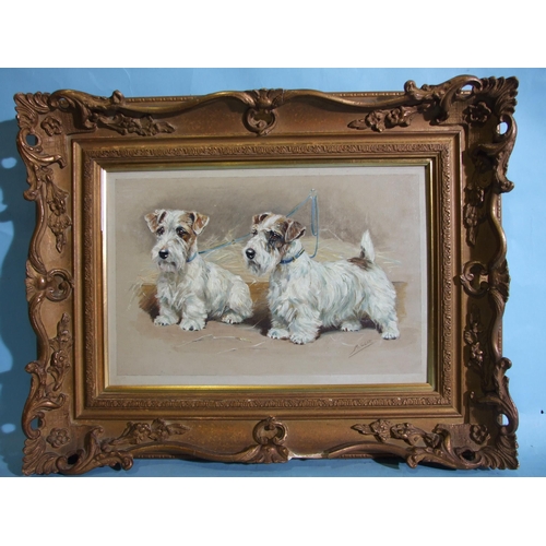 144 - Mabel Gear (1898-1987) TWO SEALYHAM TERRIERS TETHERED IN A BARN Signed oil on board, 29 x 38cm.... 