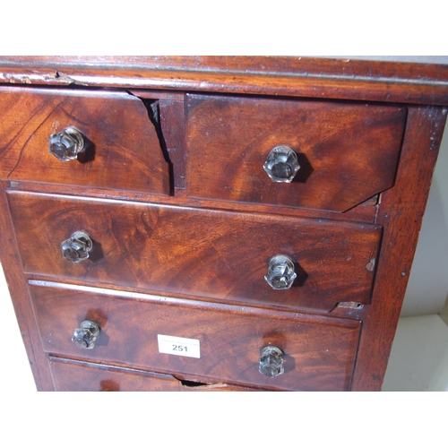 251 - A 19th century mahogany miniature chest of drawers, having two short and three long drawers, 41cm wi... 