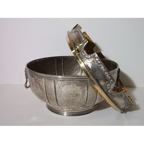 782 - A large silver two-handled punch bowl of circular form  with removeable Monteith collar, on ribbed f... 