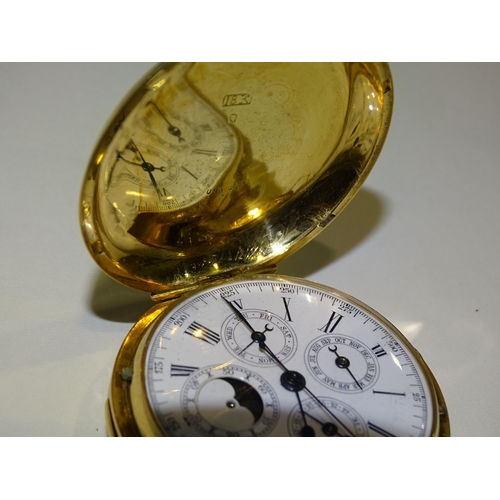 686 - An 18ct gold hunter-cased repeater chronograph pocket watch, the white enamel dial with Roman numera... 