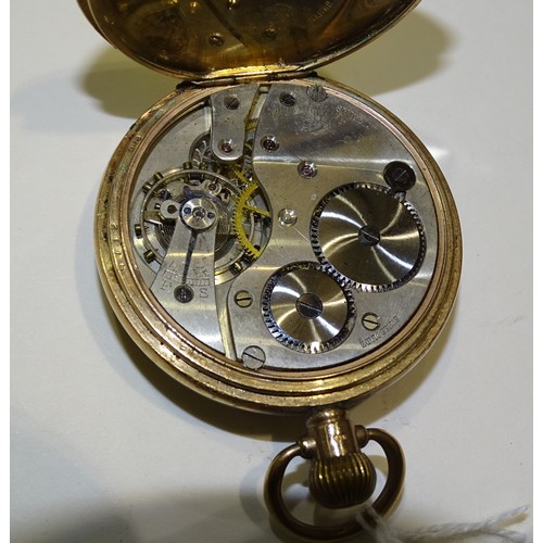 724 - A 9ct gold open-face keyless pocket watch with white enamel dial, Roman numerals and seconds subsidi... 