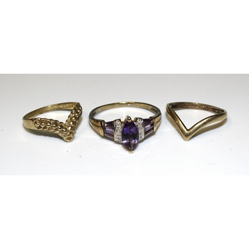 336 - A 9ct gold amethyst and diamond ring, size U½, 2.4g and two 9ct gold wishbone rings, 2.3g, (3... 