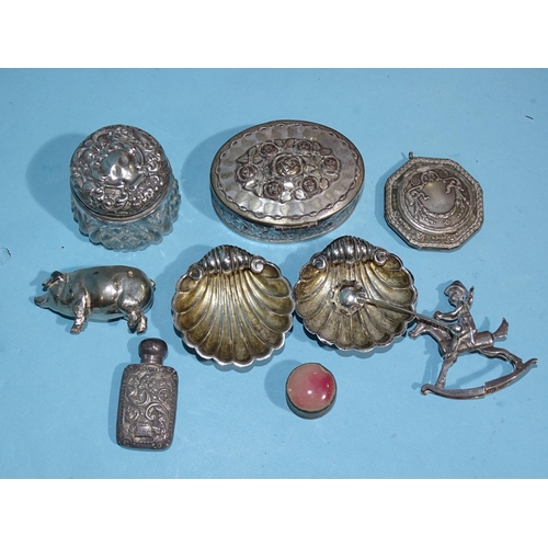 352 - A pair of silver salts in the form of shells and one spoon, Birmingham 1898, a silver topped jar, a ... 