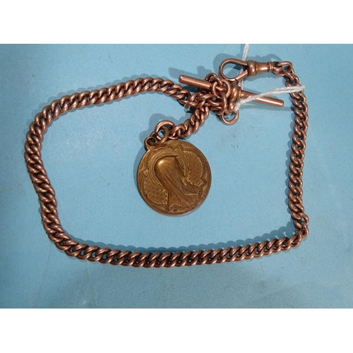 370 - A 9ct rose gold half-Albert watch chain of curb links, 30g, with base metal medallion.... 