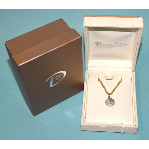 185 - A diamond cluster pendant on 9ct gold rope-twist chain, 7g, (boxed).