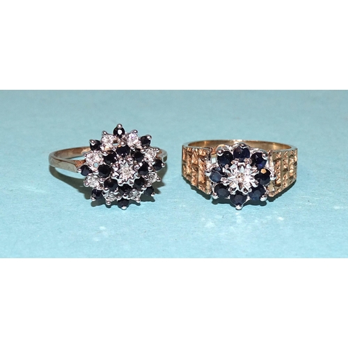 189 - Two 9ct gold sapphire and diamond cluster rings, sizes N and P, 6g.