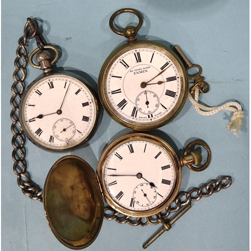 182 - A silver-cased keyless pocket watch, the open white enamel dial with Roman numerals and seconds subs... 