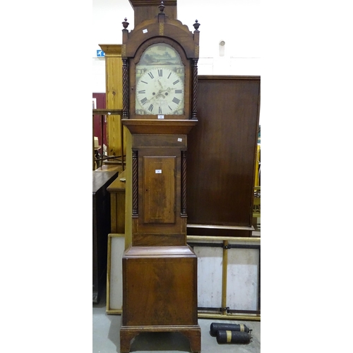 34 - A Victorian mahogany long case clock, the arched painted dial signed C Schwerer?, Aberdare, with eig... 