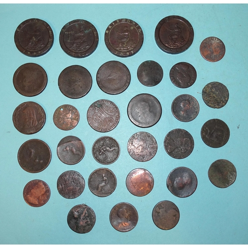 127 - A collection of British copper coinage, including four George III 1797 cartwheel twopences, five car... 