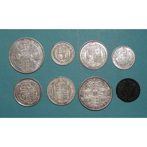 131 - A Victoria 1849 'Godless' florin, 1887 florin, 1887 & 1891 shillings, 1887 & 1888 sixpences,... 