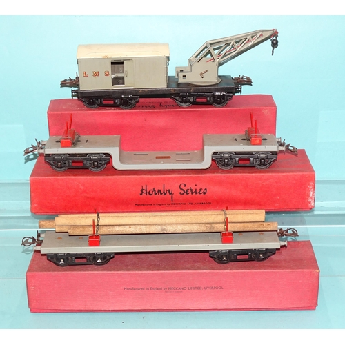 219 - Hornby O gauge, three 1934-40 boxed wagons: LMS Breakdown Van & Crane, trolley wagon and No.2 lu... 