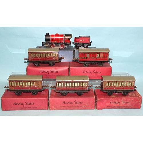 220 - Hornby O gauge, 1934-40 L453 M1/2 locomotive (red) and tender No.3435, four No.1 passenger coaches a... 