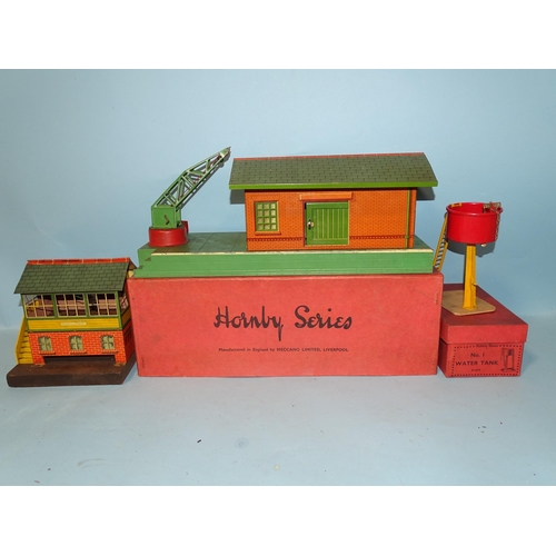 224 - Hornby O gauge, a boxed No.2 Goods E, platform, a No.2 signal cabin, (no box, with electric light) a... 