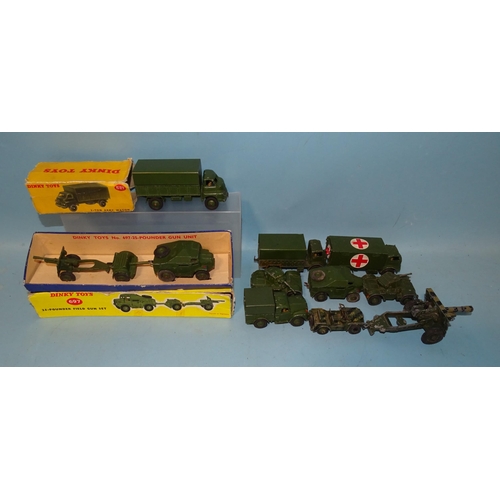 338 - Dinky Toys, 621 3-Ton Army Wagon, 697 25-Pounder Field Gun Set, (both boxed, boxes a/f), seven unbox... 