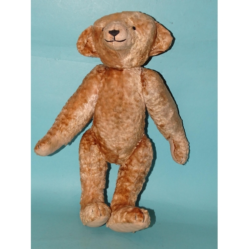 425 - A teddy bear with long shaved snout, vertically stitched nose and black glass eyes on jointed short ... 