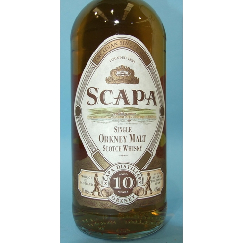 588 - Scapa Orkney single malt whisky, 10 years old, 48% volume, one litre, in tube, (foil and labels inta... 