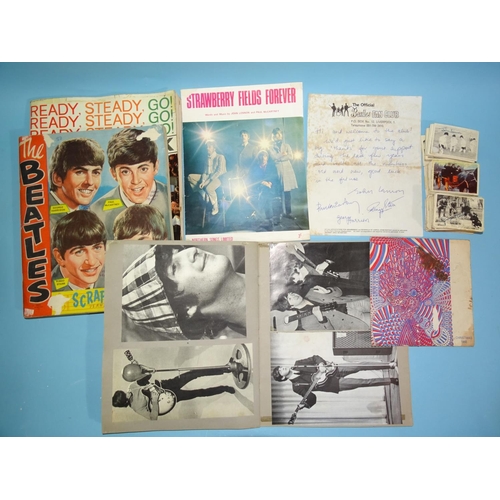 538 - A collection of Beatles memorabilia, including an official fan club enrolment letter, a 1968 sixth C... 