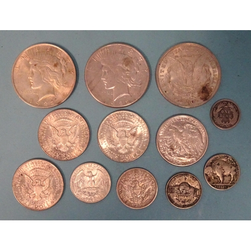 162 - A small collection of USA silver coinage, including 1921 'Morgan' dollar, 2x 1922 'Liberty' dollars,... 