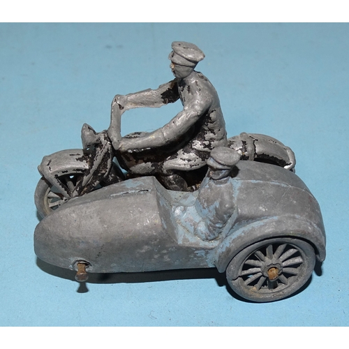 318 - An early Morestone motorcycle and sidecar with rider and passenger, a Moko bulldozer, (a/f, no blade... 