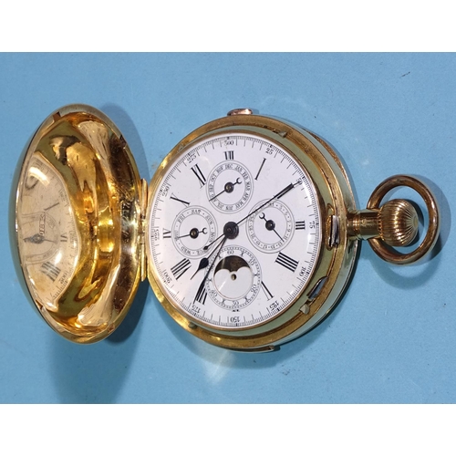 185 - An 18ct gold hunter-cased repeater chronograph pocket watch, the white enamel dial with Roman numera... 