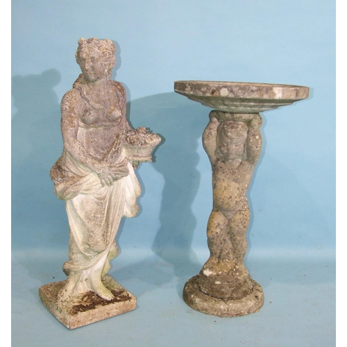 150 - A cast concrete statue 'Spring', 95cm high and a stone bird bath supported by a standing cherub, 82c... 