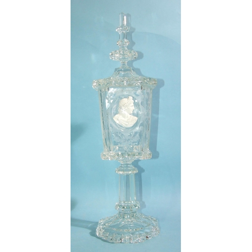 162 - A 19th/20th century etched and cut-glass pedestal vase and cover, the finialled lid above a tapered ... 