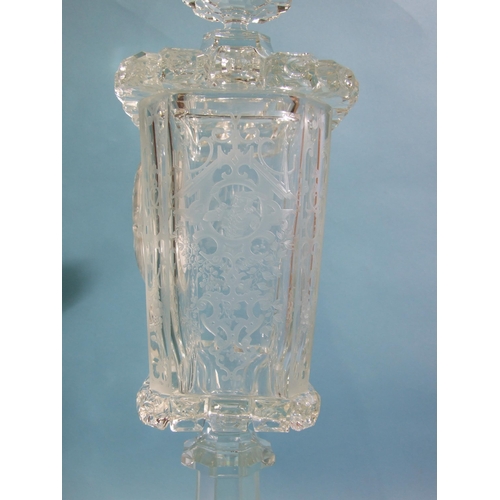 162 - A 19th/20th century etched and cut-glass pedestal vase and cover, the finialled lid above a tapered ... 