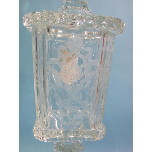 162 - A 19th/20th century etched and cut-glass pedestal vase and cover, the finialled lid above a tapered ... 