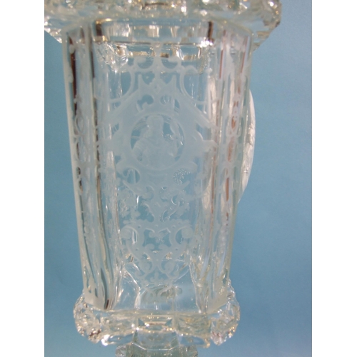 162 - A 19th/20th century etched and cut-glass pedestal vase and cover, the finialled lid above a tapered ... 