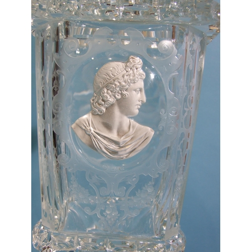 162 - A 19th/20th century etched and cut-glass pedestal vase and cover, the finialled lid above a tapered ... 