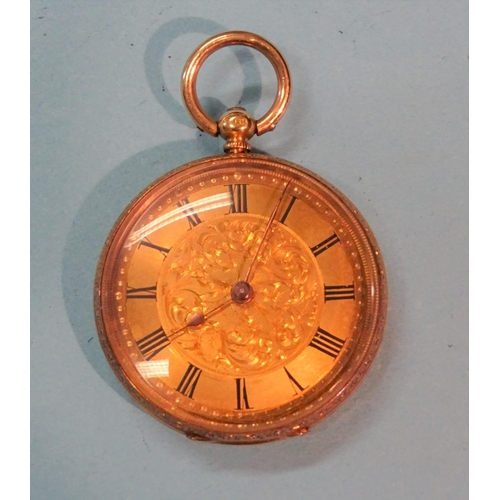 168 - A Continental 18ct-gold-cased open-face pocket watch with engraved dial and case, unsigned key-wind ... 