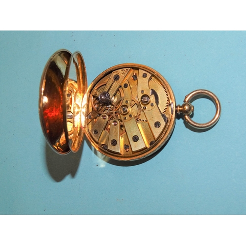 168 - A Continental 18ct-gold-cased open-face pocket watch with engraved dial and case, unsigned key-wind ... 