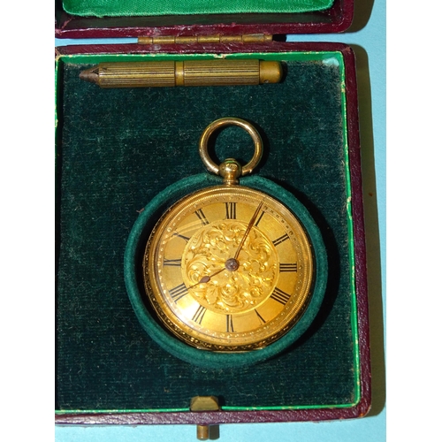 168 - A Continental 18ct-gold-cased open-face pocket watch with engraved dial and case, unsigned key-wind ... 