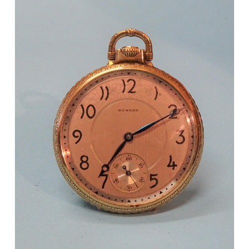 180 - E Howard & Co, Boston, a gold-plated open face keyless pocket watch with signed 17-jewel three-p... 