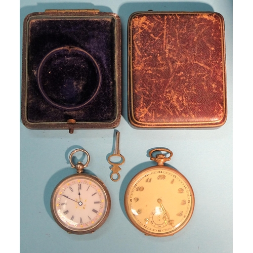 181 - A gold-plated keyless open-face pocket watch, the gilt dial with Arabic numerals and seconds subsidi... 