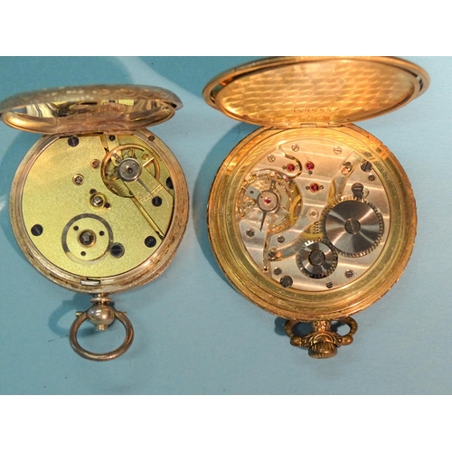 181 - A gold-plated keyless open-face pocket watch, the gilt dial with Arabic numerals and seconds subsidi... 