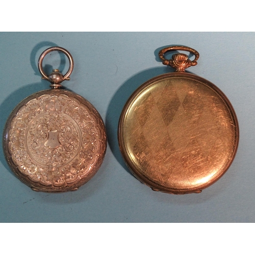 181 - A gold-plated keyless open-face pocket watch, the gilt dial with Arabic numerals and seconds subsidi... 