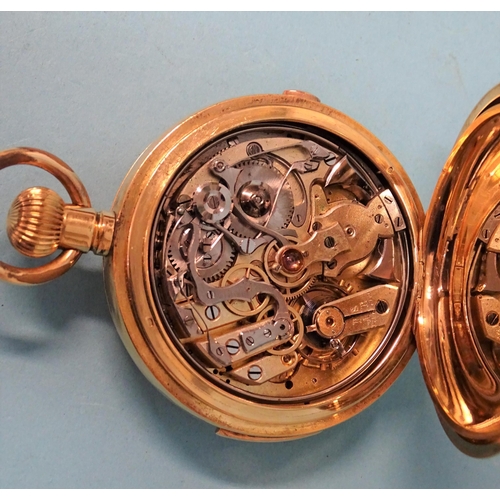 185 - An 18ct gold hunter-cased repeater chronograph pocket watch, the white enamel dial with Roman numera... 