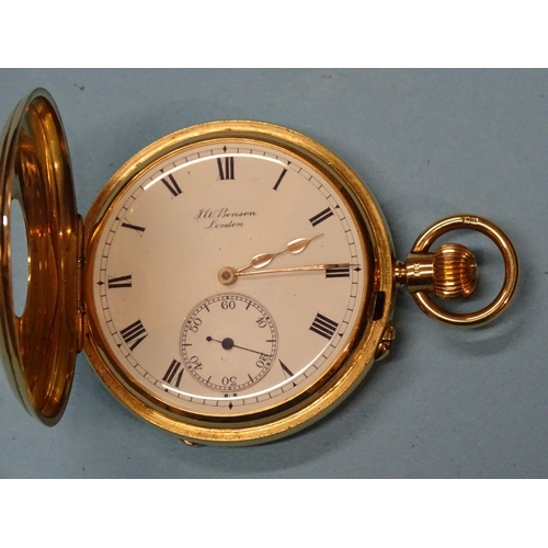 189 - J W Benson, an 18ct gold half-hunter-cased pocket keyless pocket watch 