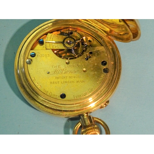 189 - J W Benson, an 18ct gold half-hunter-cased pocket keyless pocket watch 