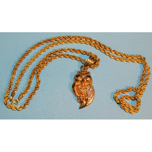 228 - A 9ct gold owl pendant on 9ct gold rope-twist chain, 45cm, 5g.