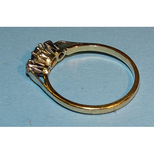 245 - A sapphire and diamond ring claw-set a round-cut sapphire between two 8/8-cut diamonds, in 18ct gold... 